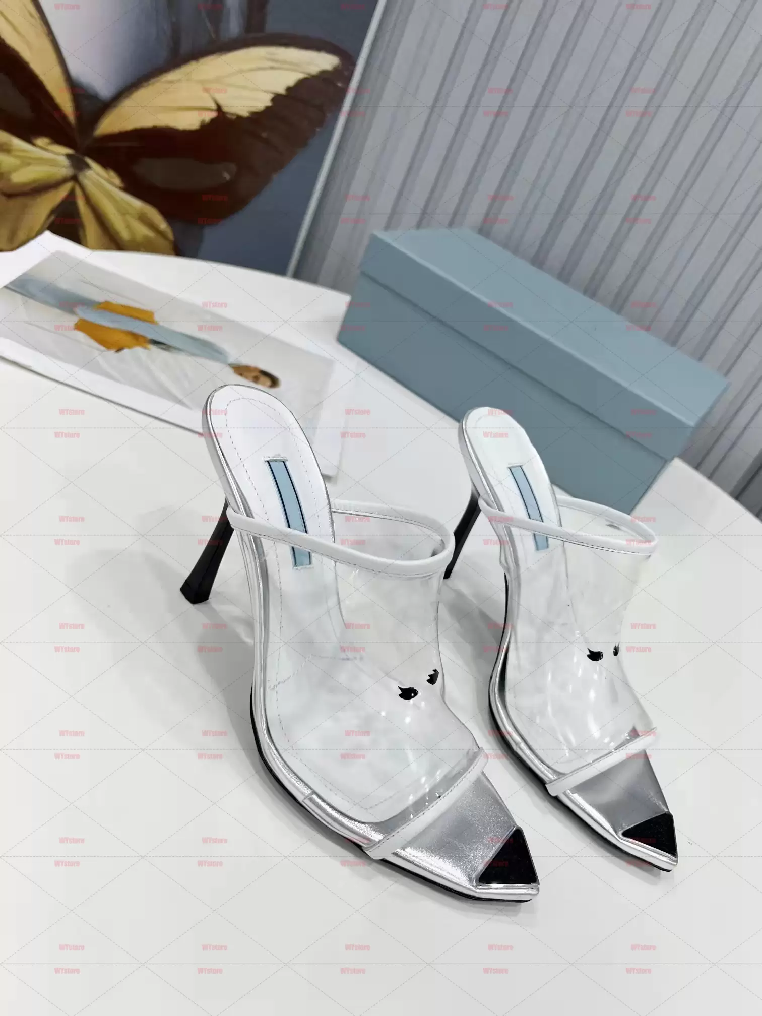 Plexigla highheel slides Slippers 75 mm varnished heel Size 35413747432, Blue