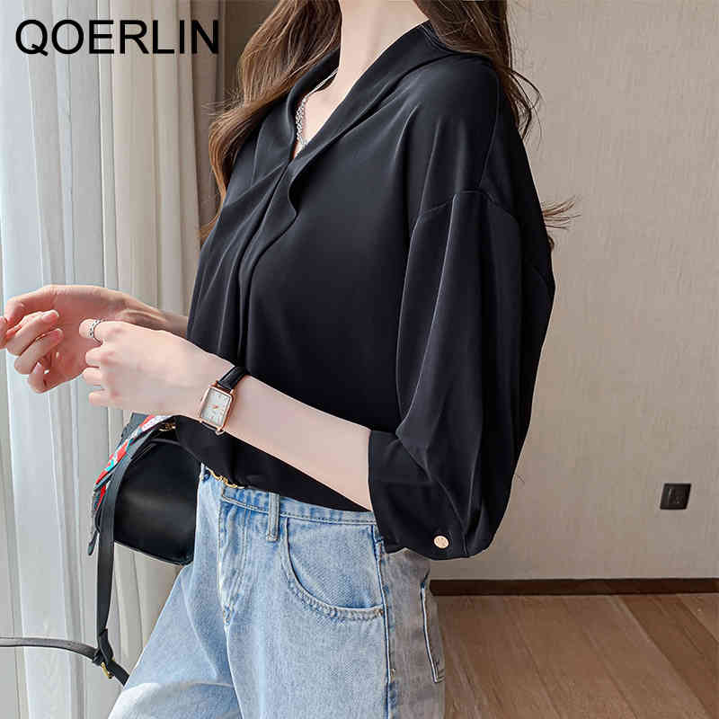 QOERLIN OL Style Formal Black Top Shirts Women Plus Size VNeck Chiffon Shirts Female Elegant Half Sleeve Fashion White Blouse 210412
