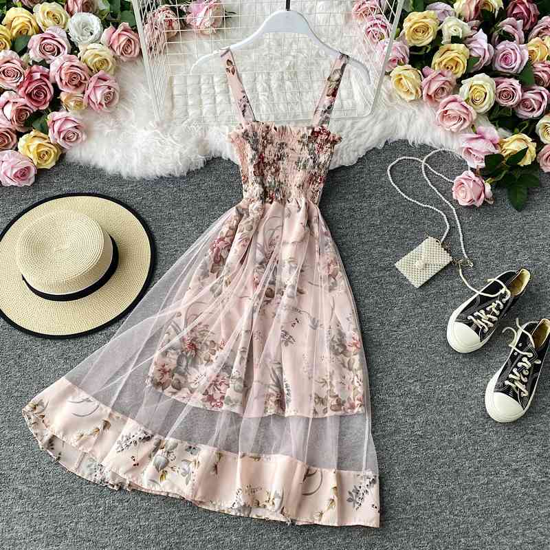 OCEANLOVE Summer Dress Floral Beach Style Mesh Chiffon Vestidos Moda Coreana Elegant Robes Sexy Vinatge Dresses Women 17160 210331Z