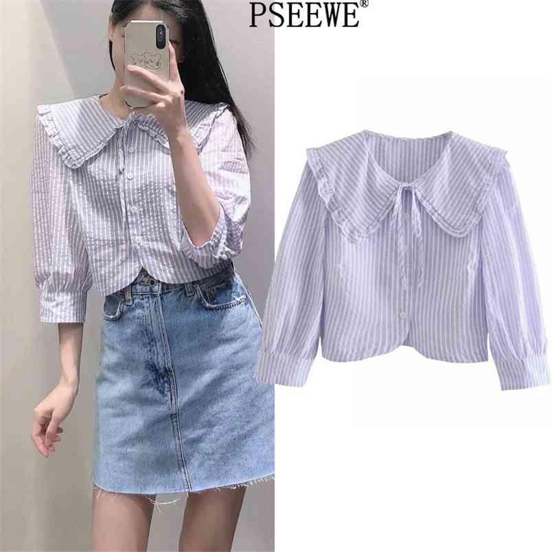 Shirts Woman Blue Striped Crop Top Female Button Up Summer Women Shirt Peter Pan Collar Puff Sleeve Ladies Blouse 210519
Shirts Woman Blue Striped Crop Top Female Button Up Summer Women Shirt Peter Pan Collar Puff Sleeve Ladies Blouse 210519