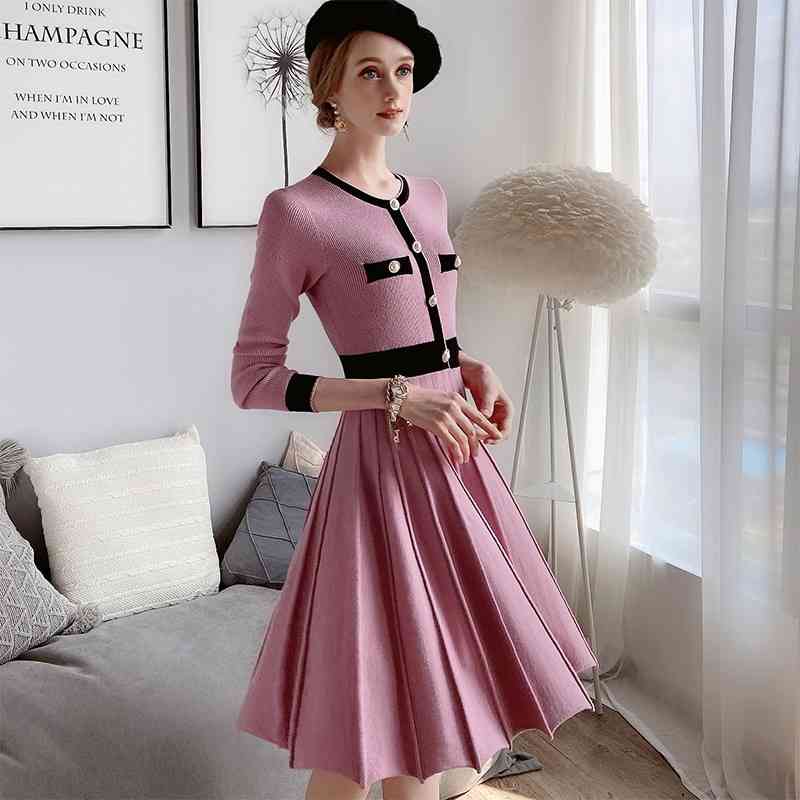 Dabuwawa Elegant Pink Knit Dress Women Autumn Winter O-Neck Long Sleeve Single Breasted Fit and Flare Dress Female DT1DDR010 210520
