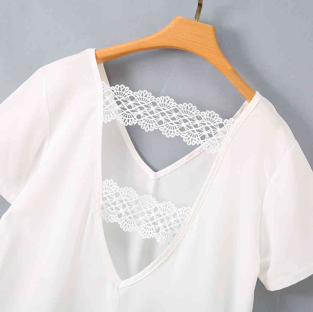 Sexy Backless Women T-shirt Summer Lace Patchwork Short Sleeve Casual Party Tshirts Elegant V Neck Office Lady Loose White Tops 210522