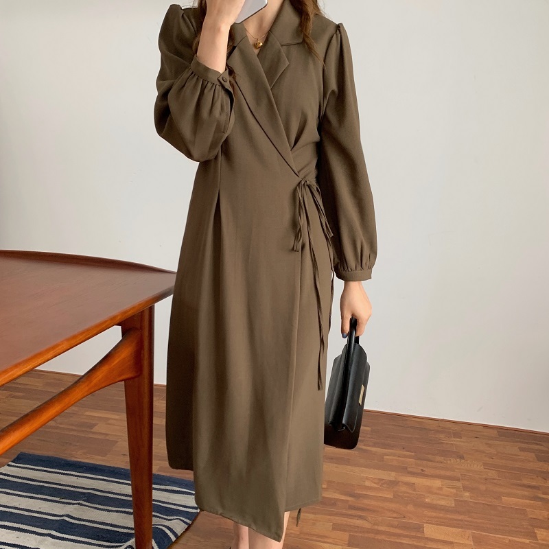 Women Suit Dress Minimalist Autumn Vintage Elegant OL Work Notched Lace-up Long es Female Vestidos 210421