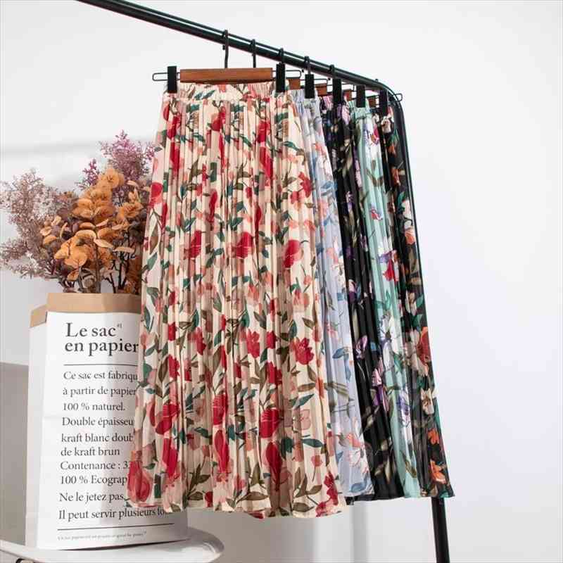 spring summer floral a line women skirts elegant pleated midi elastic high waist tutu tulle female, Black 
spring summer floral a line women skirts elegant pleated midi elastic high waist tutu tulle female, Black