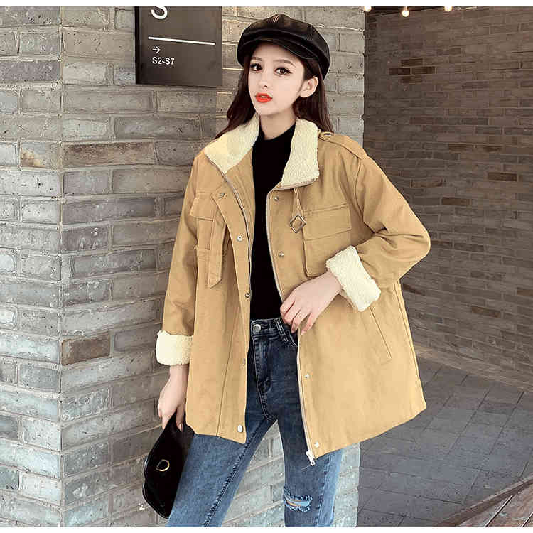 Winter Thickened Waist Thin Lamb Wool Mid-long Cotton Parkas Women Long Sleeve Stand Collar Slim Jacket 210514