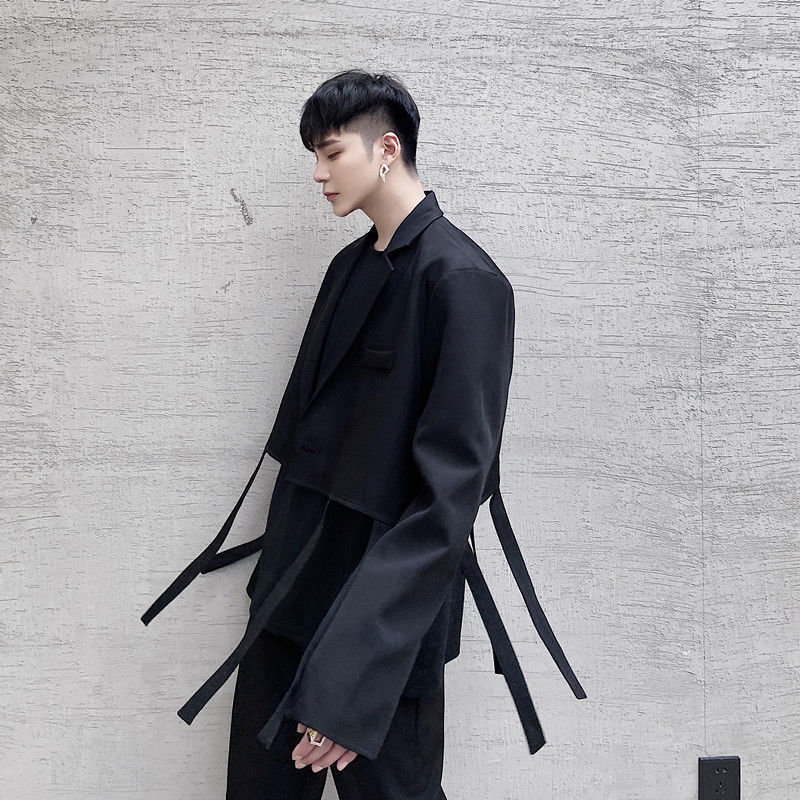 IEFB /men's wear split bandage hem multi-style lace-up suit coat two different wearing single breasted black blazers male Y3933 210524