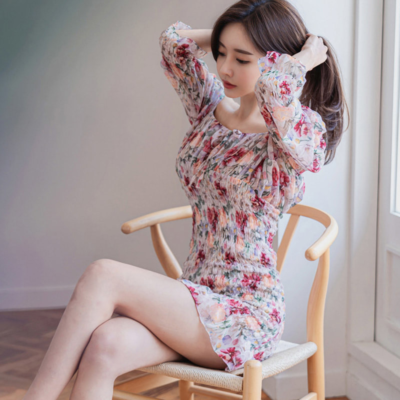 Korean Style Square Collar Puff Sleeve Chiffon Dress Women Floral Print Slim Waist Vintage es Fashion Summer Pleated 210506