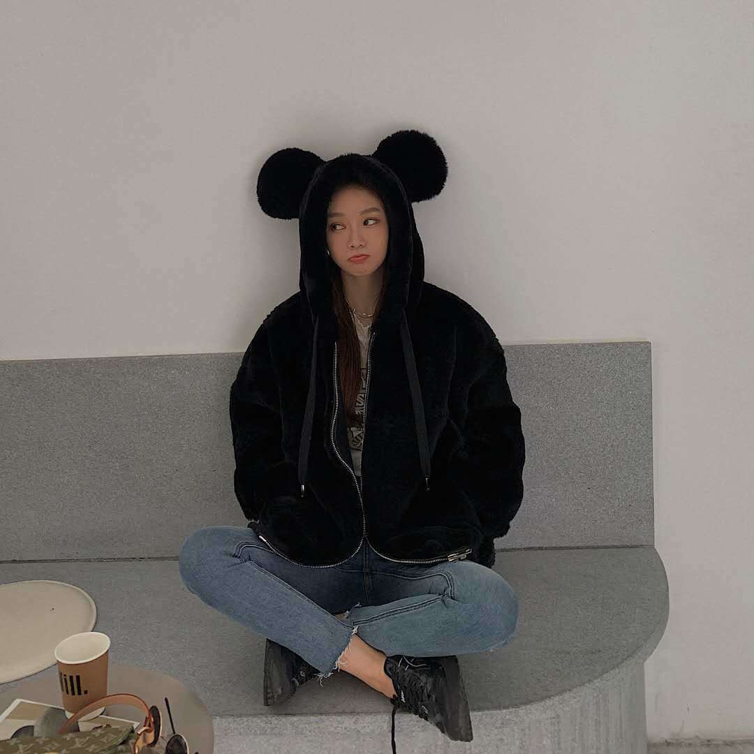 Warm Fur Coat In Winter Lovely Girl Leopard Print Rabbit Ears Vintage Hooded Faux s Thick Outwears 210510