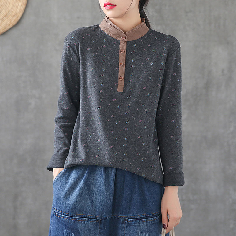 Spring Korea Fashion Women Long Sleeve Stand Collar Tshirt 95% cotton Flower Print Tee Shirt all-matched Casual Femme Tops S642 210512