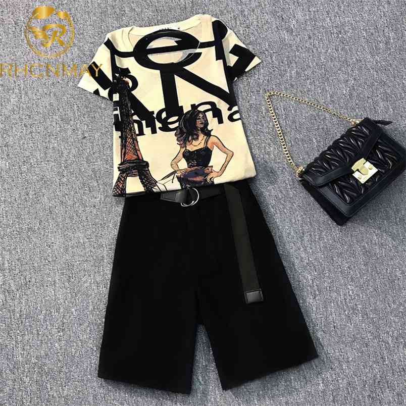 Women Summer Casual 2 piece set Vintage Print Ladies Short Sleeve Slim T-Shirt + Fashion Shorts Pants Suits Female 210506
