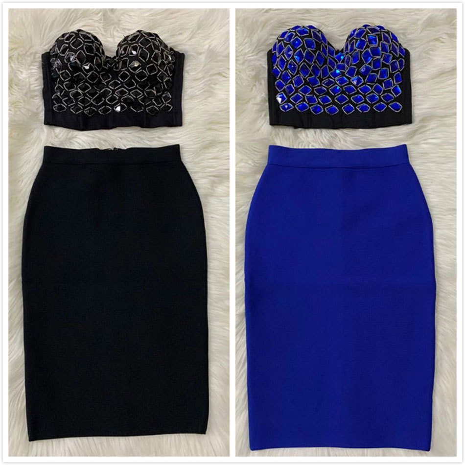 Free Spring Sexy Bandage Dress Set Beaded Sleeveless Top & Midi Skirt 2 Two-piece Bodycon Women 210524
