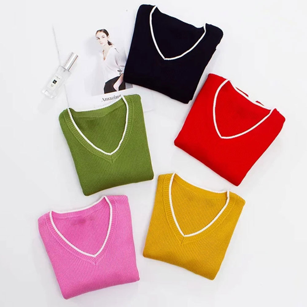 Women Sexy V Neck Crop Sweaters Autumn Casual Hit Color Long Sleeve Knitted Pullover Elegant Jumpers 210428