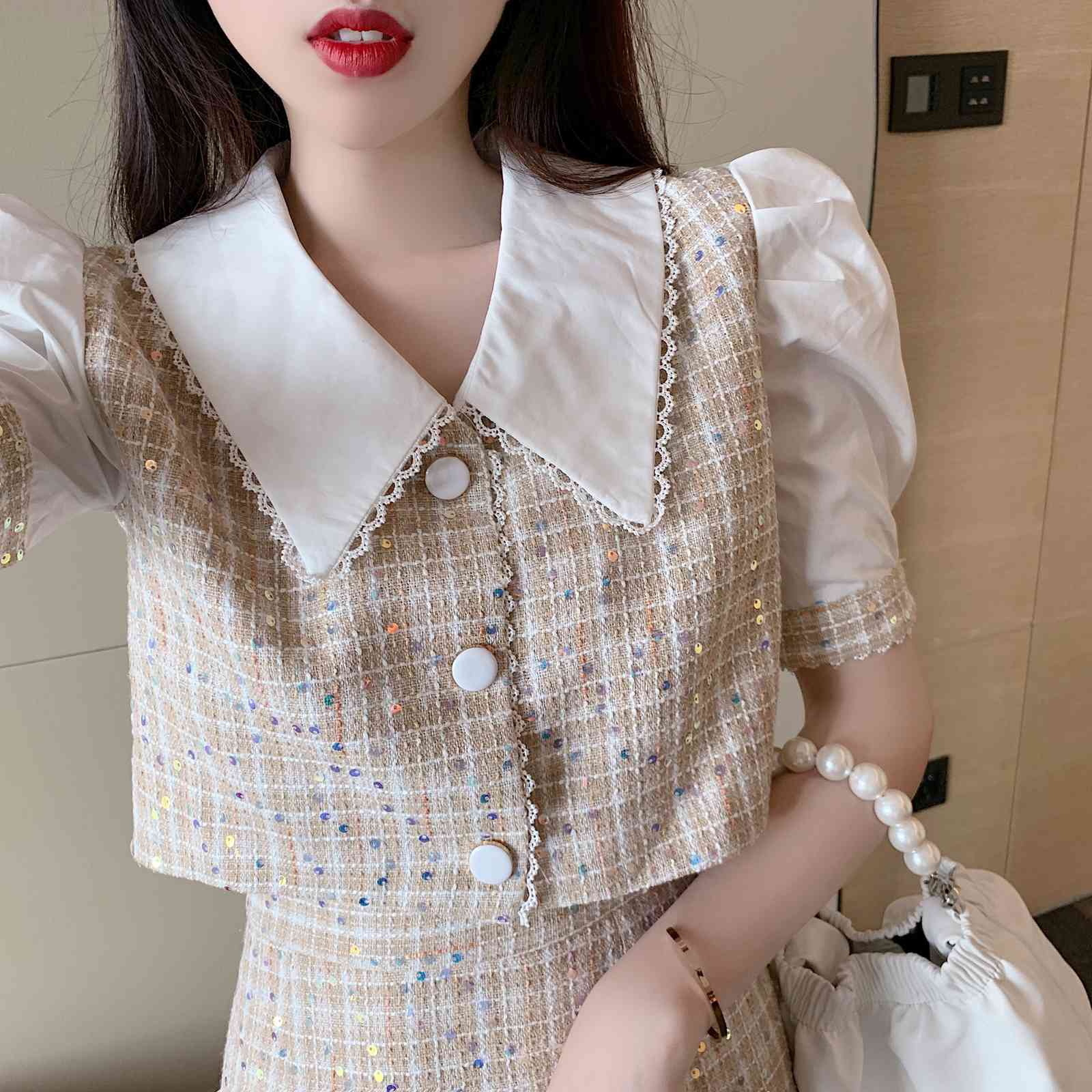 Summer 2 piece Set Elegant Sequined Tweed Puff Short Sleeve Chic Tops + Tassel A-Line Mini Skirts Suit Female 210519