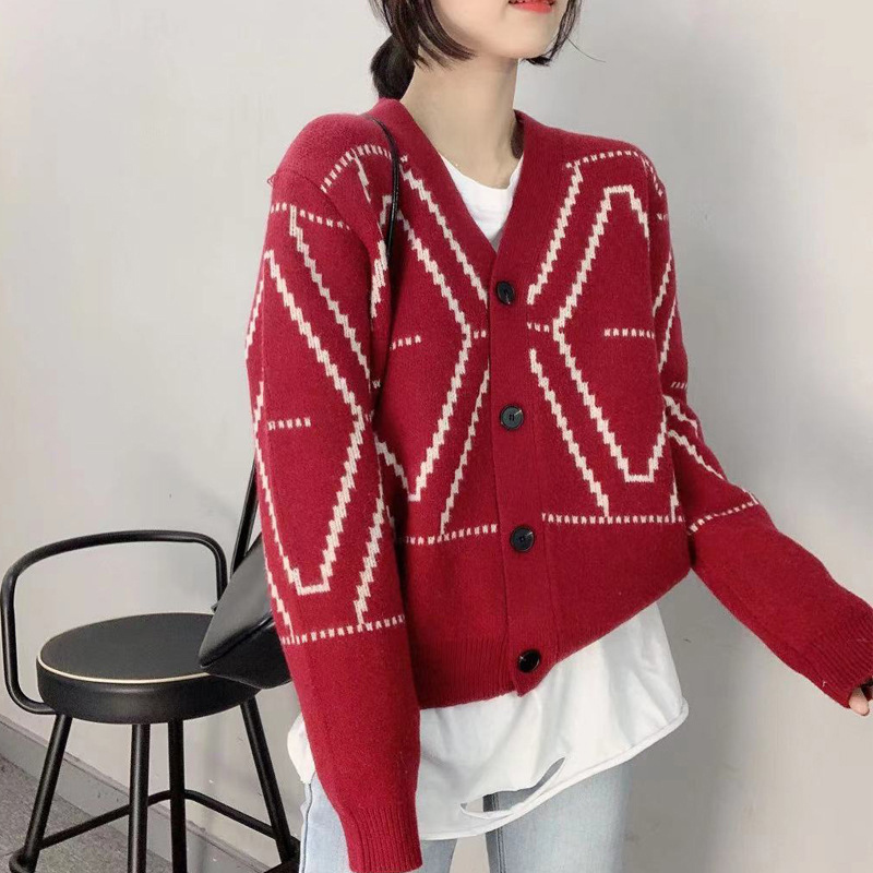 Knitted Cropped Cardigan Women Spring Autumn Korean Style Red Argyle Long Sleeve Female Sweater Knitwear Short 210421
