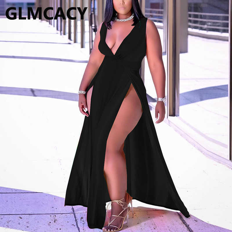 Sleeveless V Neck Maxi Dress Elegant Evening Party High Slit Dresses Vestidos 210702