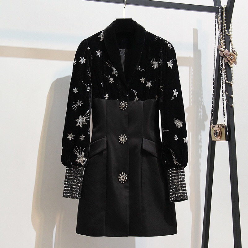 Autunm Winter Fashion Embroidery Pactwork Single Breasted Lantern Sleeve Mini Dress Notched Casual Blazers 210421