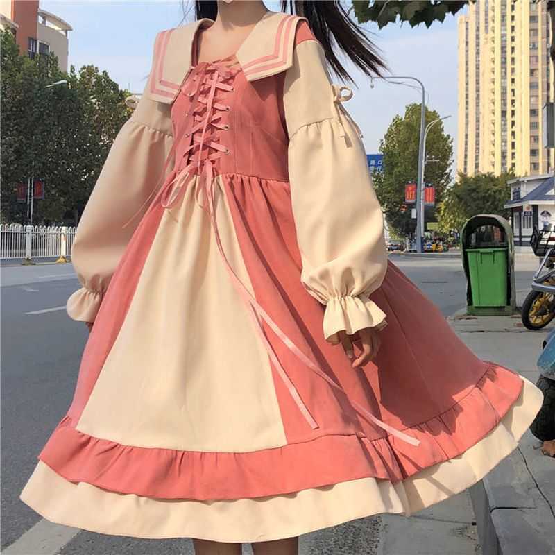 Japan navy collar dress female preppy style small girl fresh Kawaii sweet Lolita long skirt ss lovely women streetwear 210526