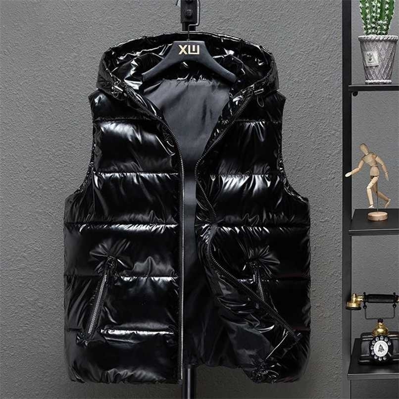 Men Winter Bright Vests Hooded Thick Vest Waterproof Cotton Padded Sleeveless Coat Men Waterproof Thick Waistcoat M-5XL 211119