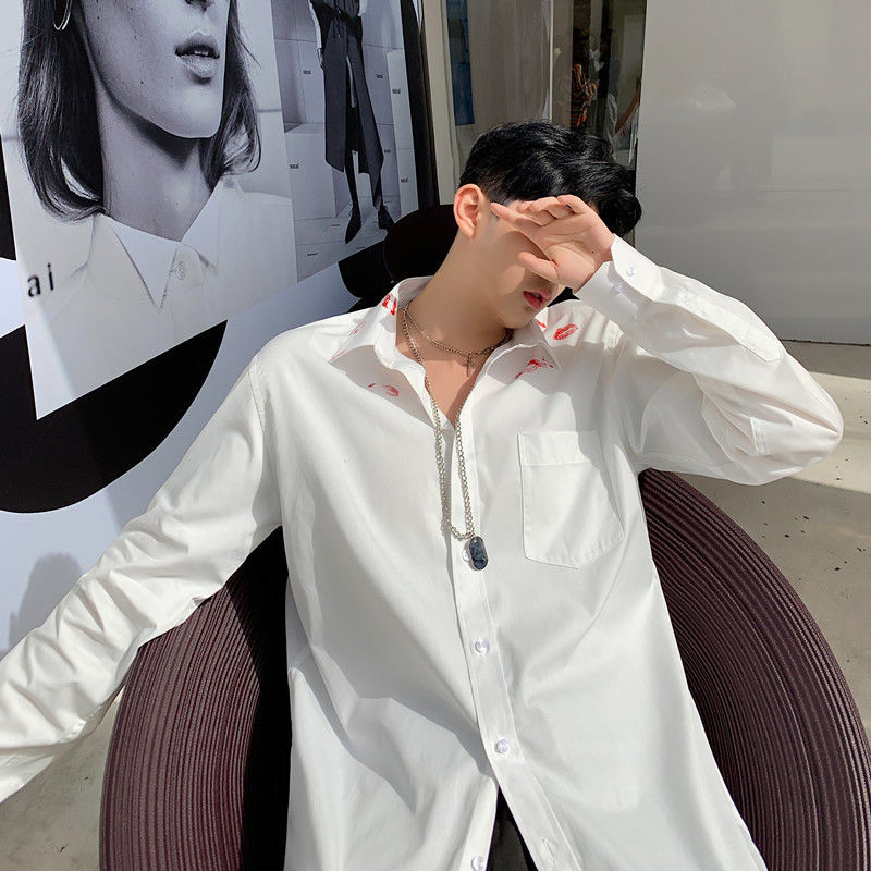 IEFB Men's Clothing Lipstick Printed White Shirt Spring Summer Korean Streetwear Fashion Long Sleeve Tops 9Y6060 210524
