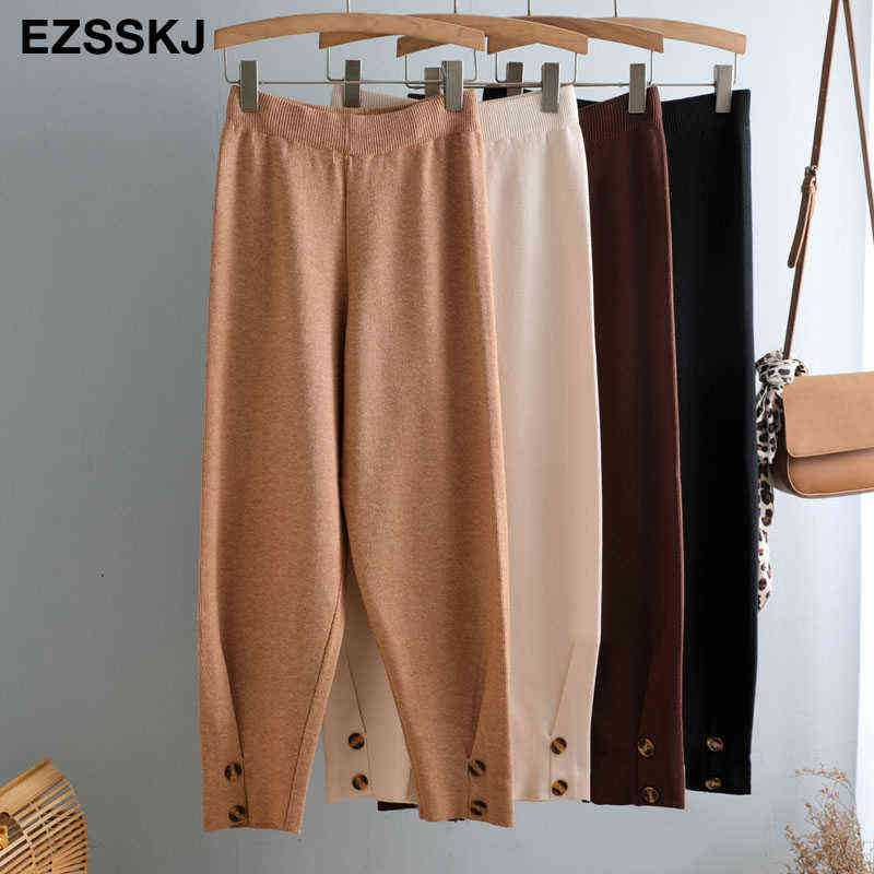 Women Elastic Waist BUTTON Trousers Thick Knitted Harem Pants Autumn Winter Sport pants sweater Carrot 211124