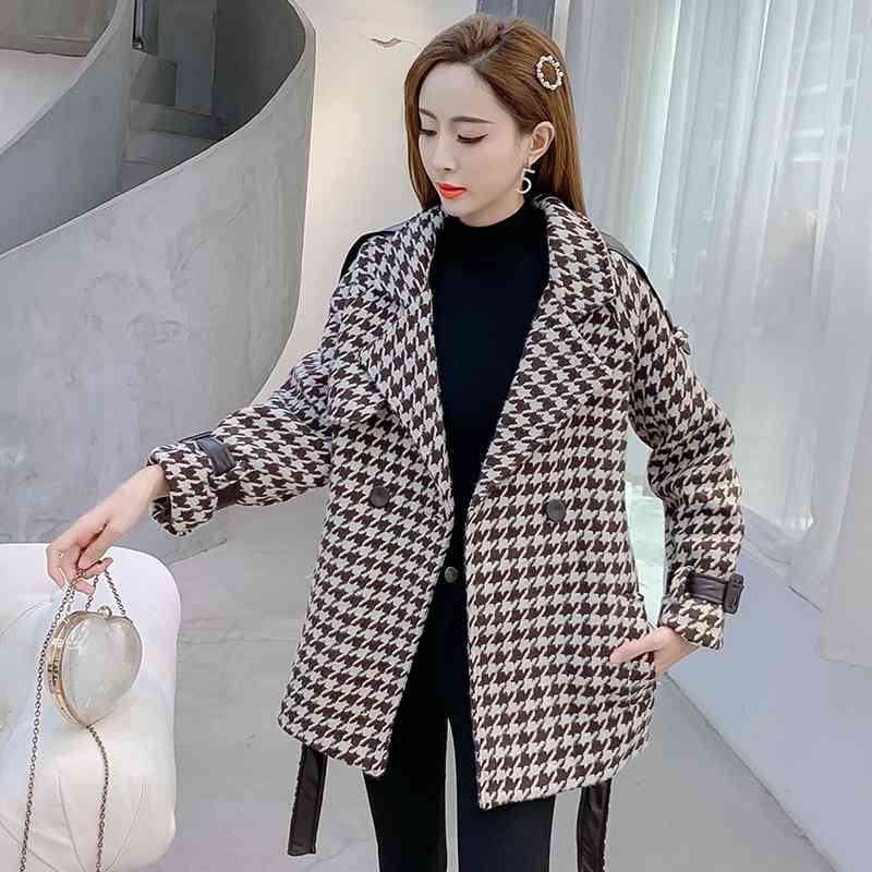 Houndstooth Viintage Wool&blend Coat Women Winter Turn-down Collar Belted Korean Fashion Ladies Outercoat Overcoat Femme 210514