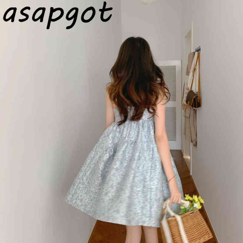 Dress Summer Fresh Sweet Retro Loose Girls Gentle Temperament Sexy Sleeveless Spaghetti Strap Mini Chic Vestidos Ball Gown 210429