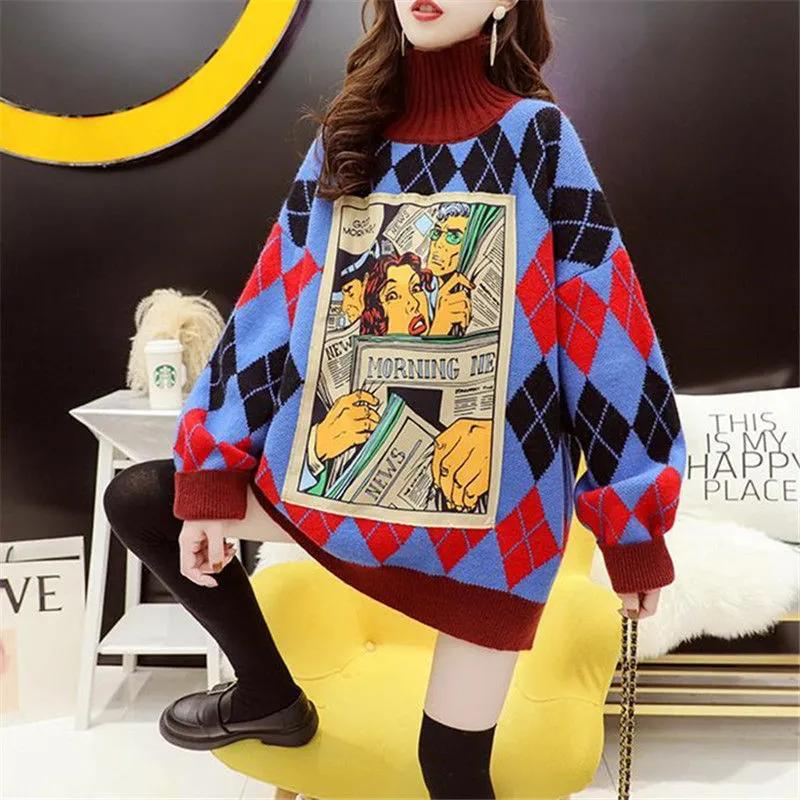 Women's Sweaters Autumn Vintage Women Sweater Cartoon High Street Fleece Knit Pullover Argyle Blouse Baggy Turtleneck Cashmere Pull Femme, Blue
Women's Sweaters Autumn Vintage Women Sweater Cartoon High Street Fleece Knit Pullover Argyle Blouse Baggy Turtleneck Cashmere Pull Femme, Blue
