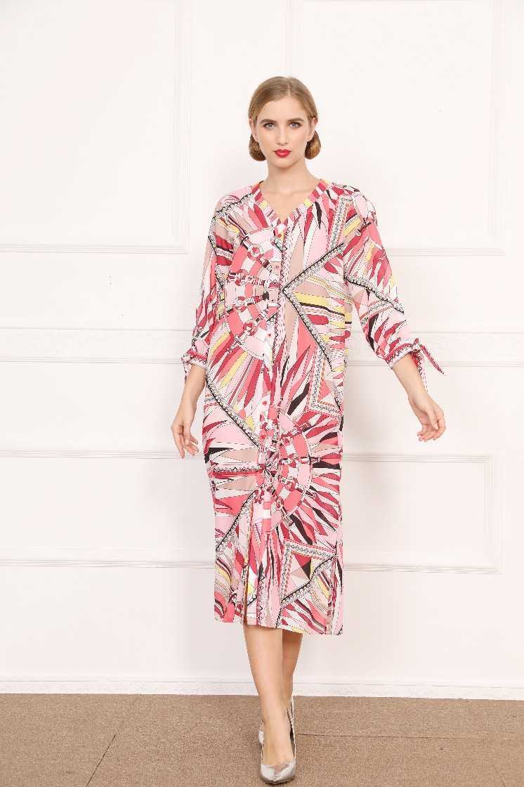 Printed V Neck Full Cuff Hip Print Mid Calf Dress for Women 210615Z