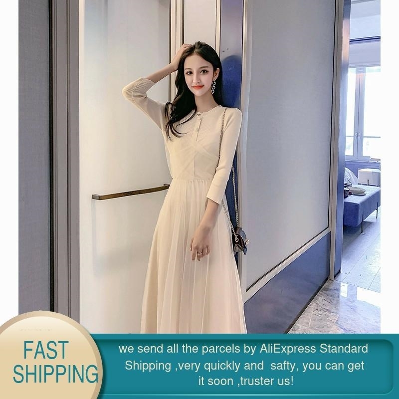 Autumn Elegant mesh knitted dress for women Long Sleeve sexy Patchwork Sweater Dress women's Casual female 210428