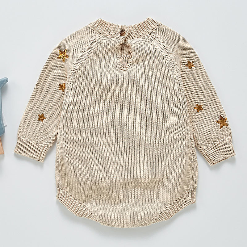 0-3Yrs Cute Baby Girl Knit Rompers Spring Autumn Long Sleeve Fashion Infant Clothes Star Printing 210429
