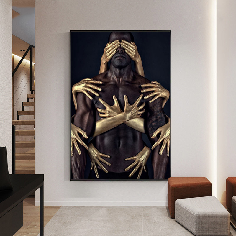 African Art Black Gold Nude Man Canvas Painting Modern Wall Art Posters and Prints Canvas Pictures for Living Room Wall Decor