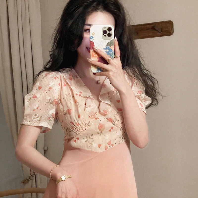 Dress Korean Short Sleeve Thin Elegant Dresss Women Casual Floral Printed Midi Dress Female Office Lady Summer 210521