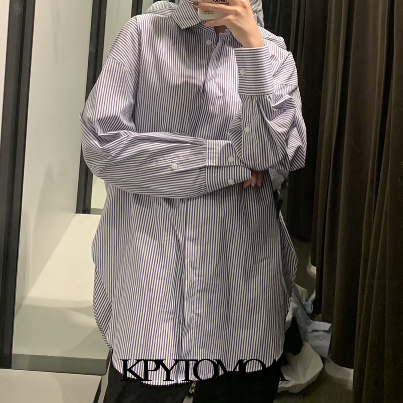 Women Fashion Oversized Side Vents Striped Blouses Long Sleeve Button-up Female Shirts Blusas Chic Tops 210420