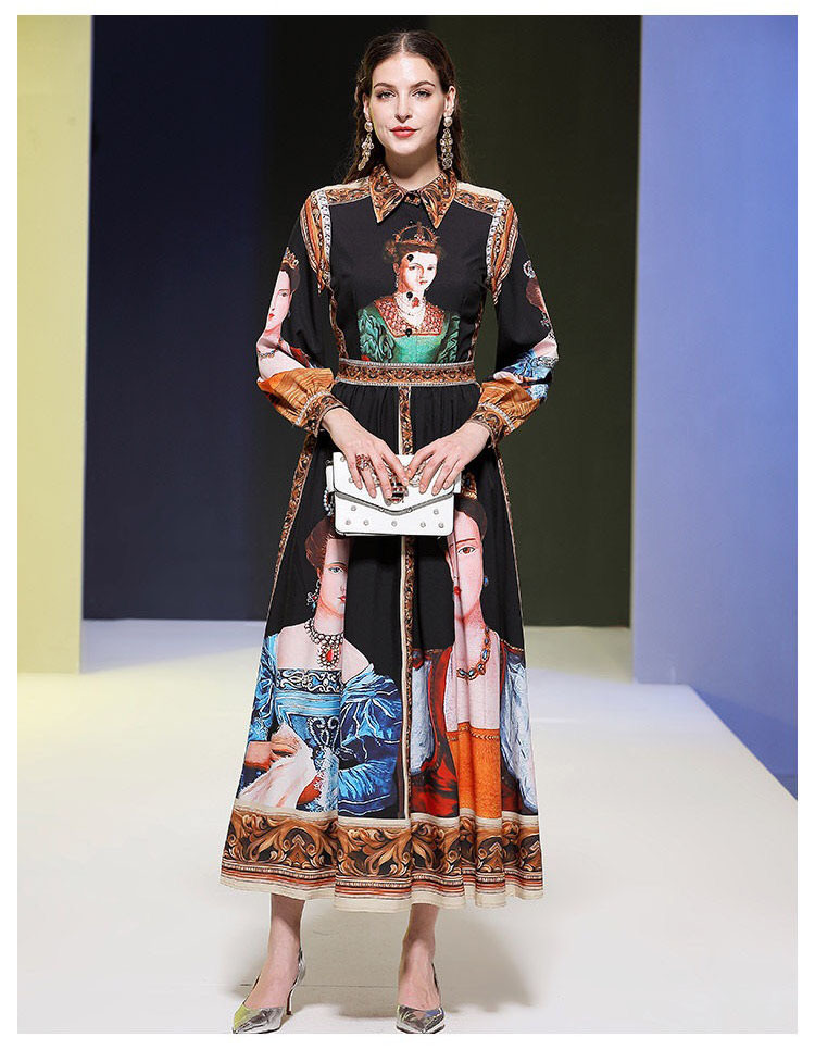 vintage dress painting character printed maxi long sleeve black gothic high waist es oversize big size vestido 210421