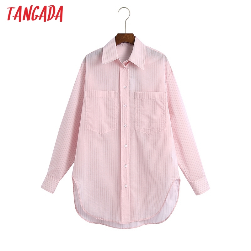 Women Pink Striped Shirts Long Sleeve Turn Down Collar Elegant Office Ladies Work Wear Blouses 6Z70 210416