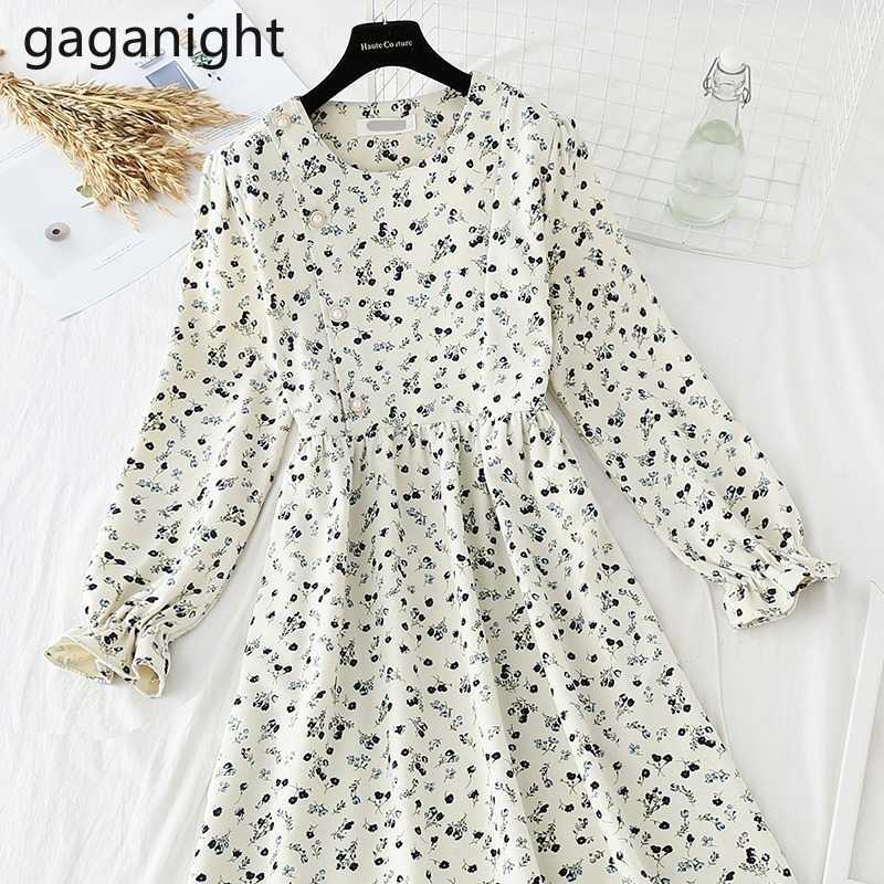 Fashion Tender Basic Dresses O-Neck Butterfly Sleeve Vestidos Office Ladies Floral Print Ruffles Buttons Korean Sweet 210601