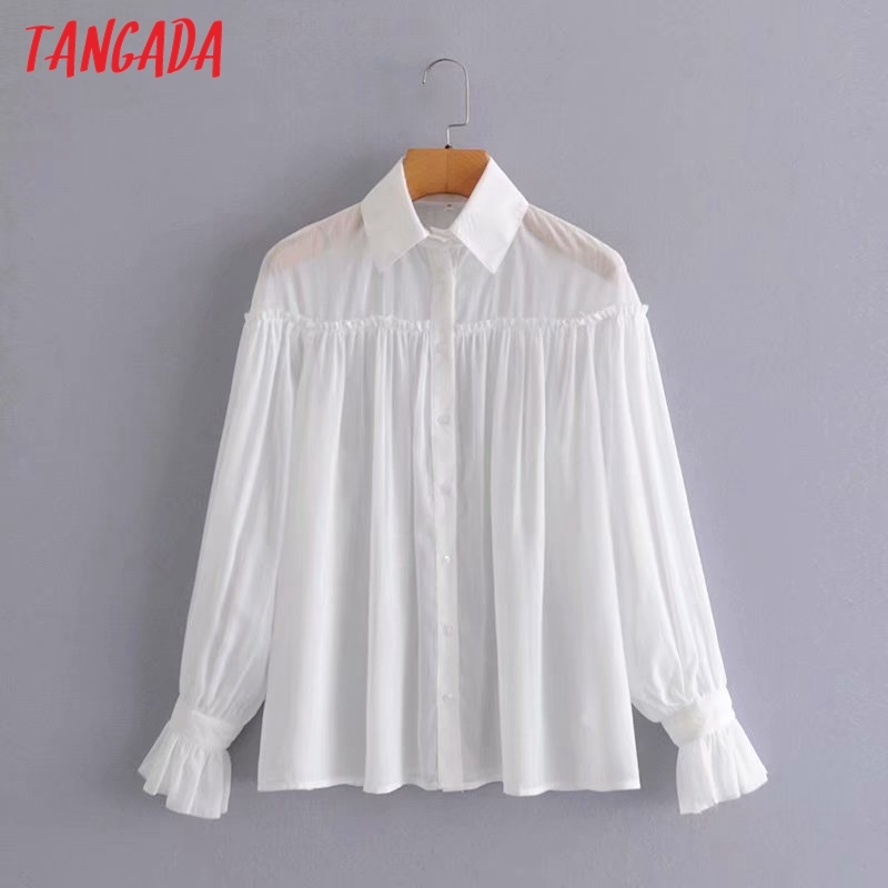 Women White Transparent Blouse Fashion Long Sleeve Shirts Female Chic Tops 5D50 210416
