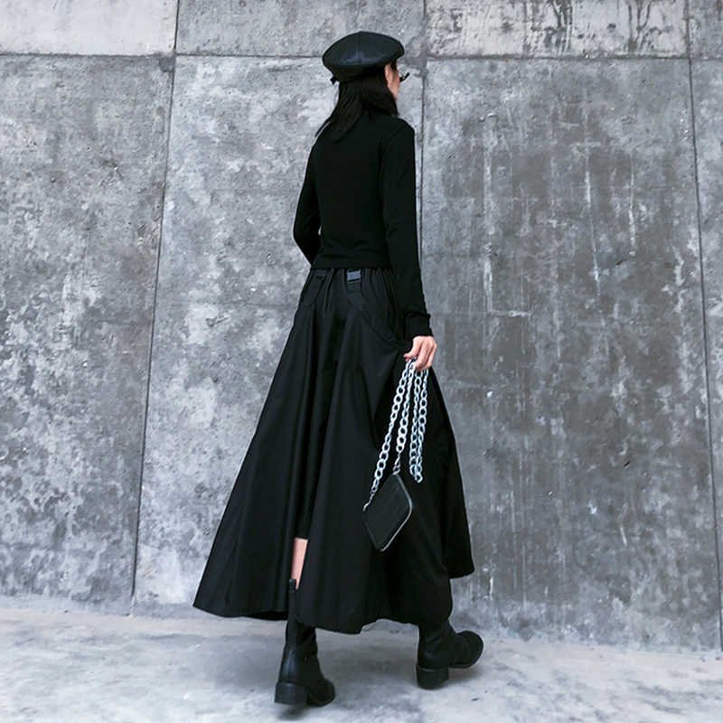 [EAM] High Elastic Waist Black Buckle Split Joint IrregularHalf-body Skirt Women Fashion Spring Autumn 1DA108 210621