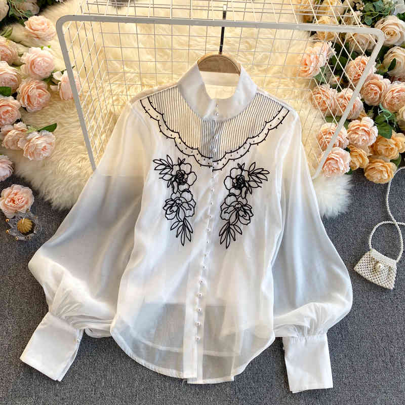 Nomikuma Spring New Elegant Women Blouses Korean Flower Embroidery Puff Sleeve Chiffon Shirt + Basic Sling Vest Sets 6E263 210427