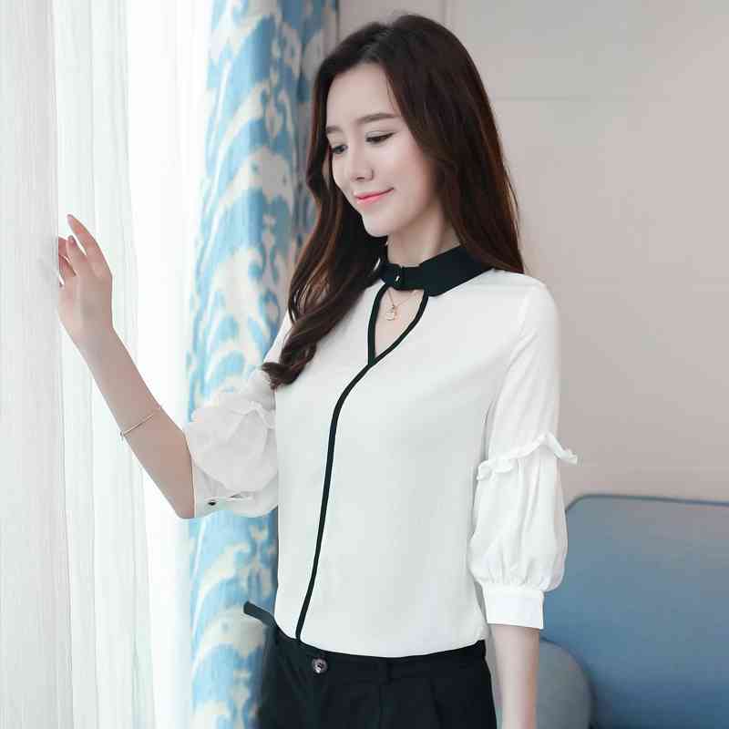 Summer Office Lady Fashion Women Blouses Shirts Chiffon Lantern Long Sleeve Solid Female Clothing Blusas 0485 30 210506