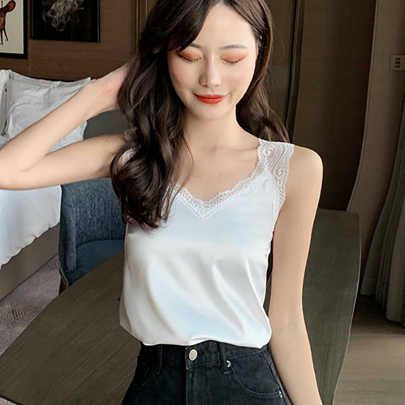 Black Lace Backless Camisole Satin Silk Summer Tops Tank Top Women Clothes White Cami Vest Woman Plus Size Haut Femme 210625