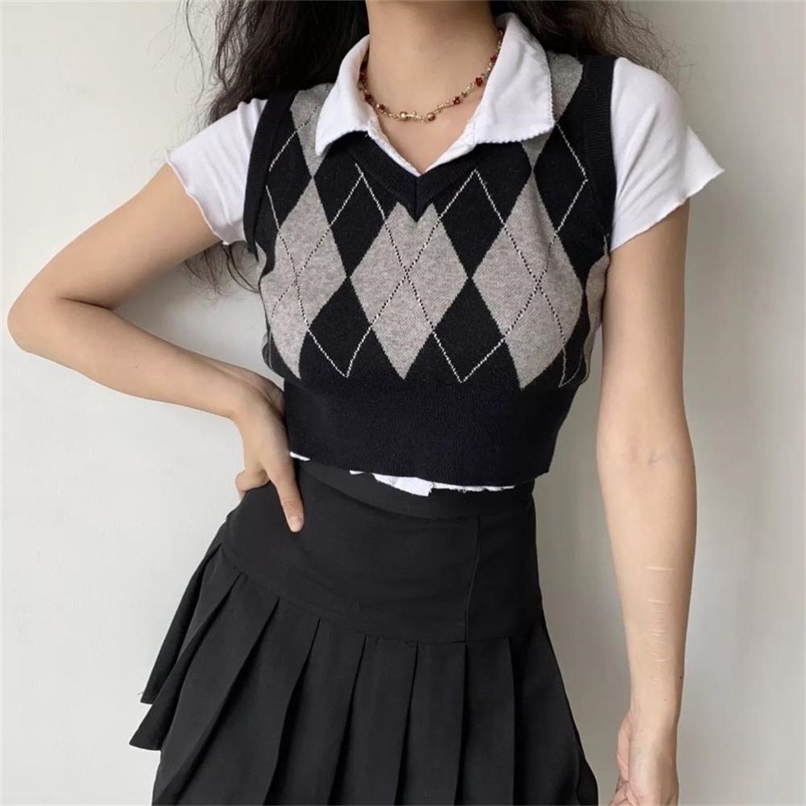 Vintage Plaid Sweater Vest Women V-neck Sleeveless Tank College Style Knitting Pullovers Tops for Daily 210819