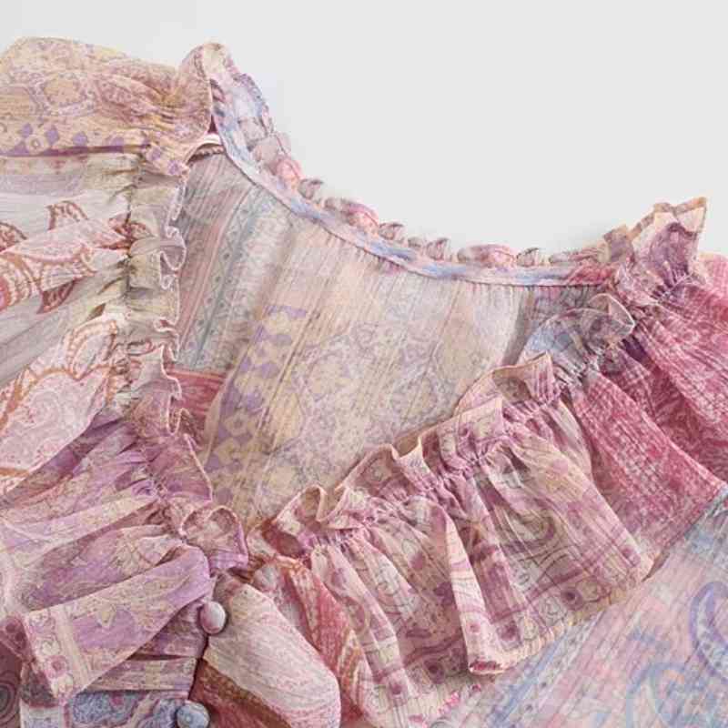 Summer Women Paisley Print V Neck Cascading Ruffle Short Shirt Female Nine Quarter Sleeve Blouse Lady Crop Tops Blusas S8902 210430