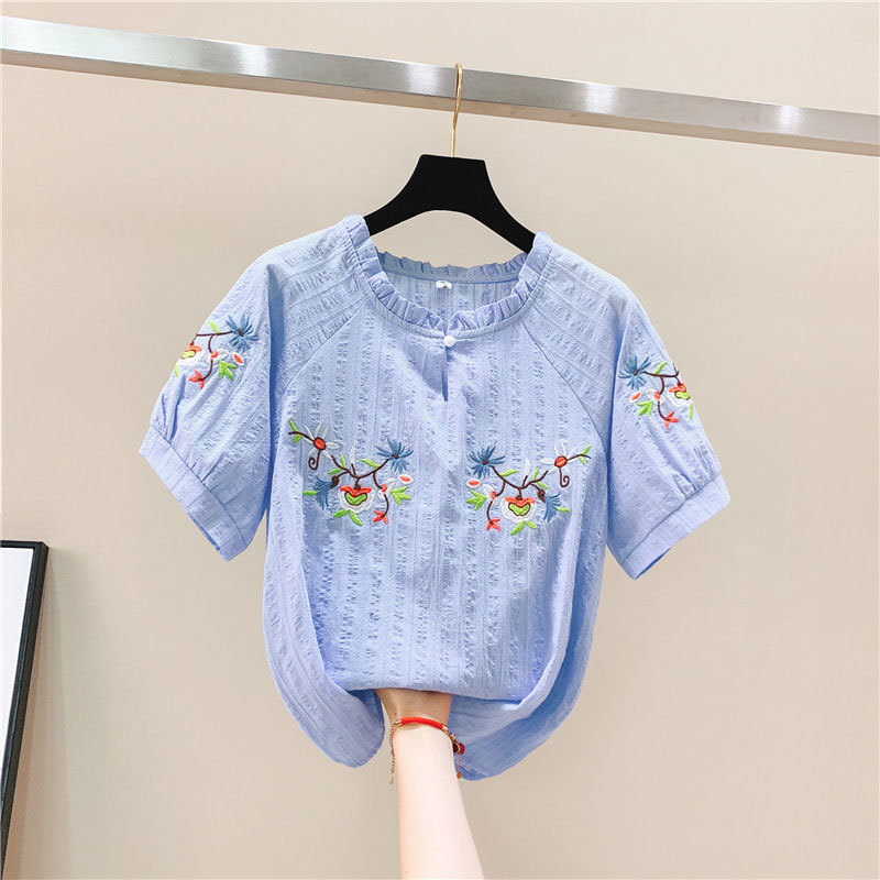 Spring Summer Korea Fashion Women Shirt Plus Size Long Sleeve Floral Embroidery Blouse Loose Casual Cotton Ladies Tops D121 210512
