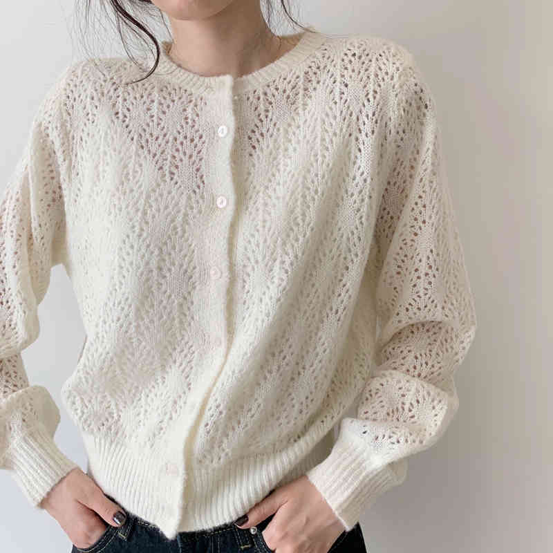 Knitted Cardigan Hollow Out Blouses Women Casual Lantern Long Sleeve Shirts Solid Elegant Tops Blusa Feminina 9824 210427