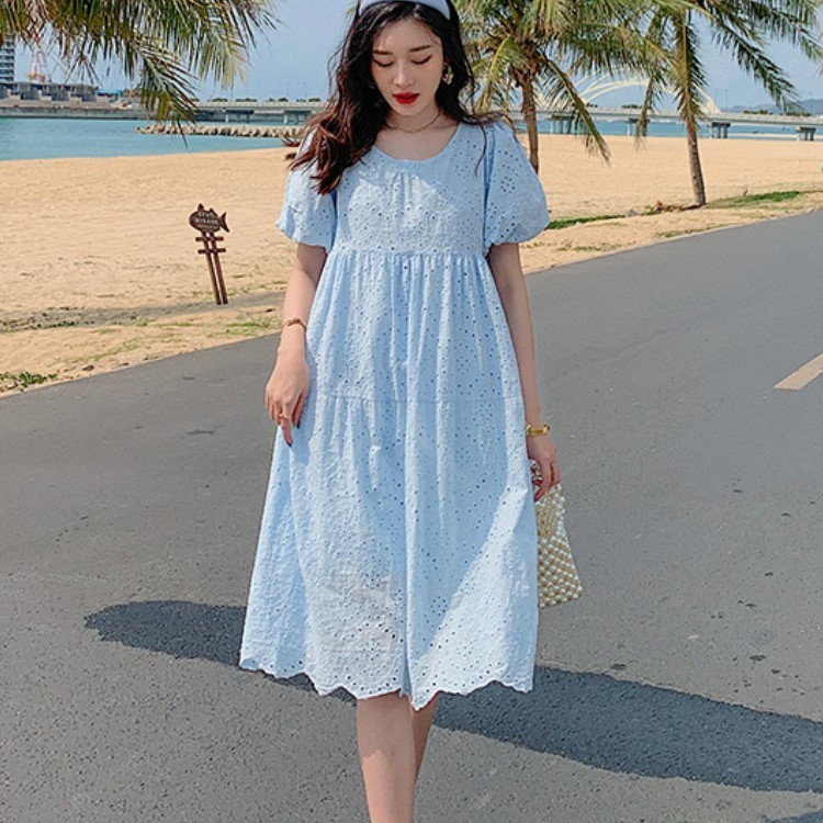 Fashion Ladies Hollow Out Embroidery Cotton Dress Summer Elegant Women Puff Sleeve Causal Boho Midi Party Robe 210519