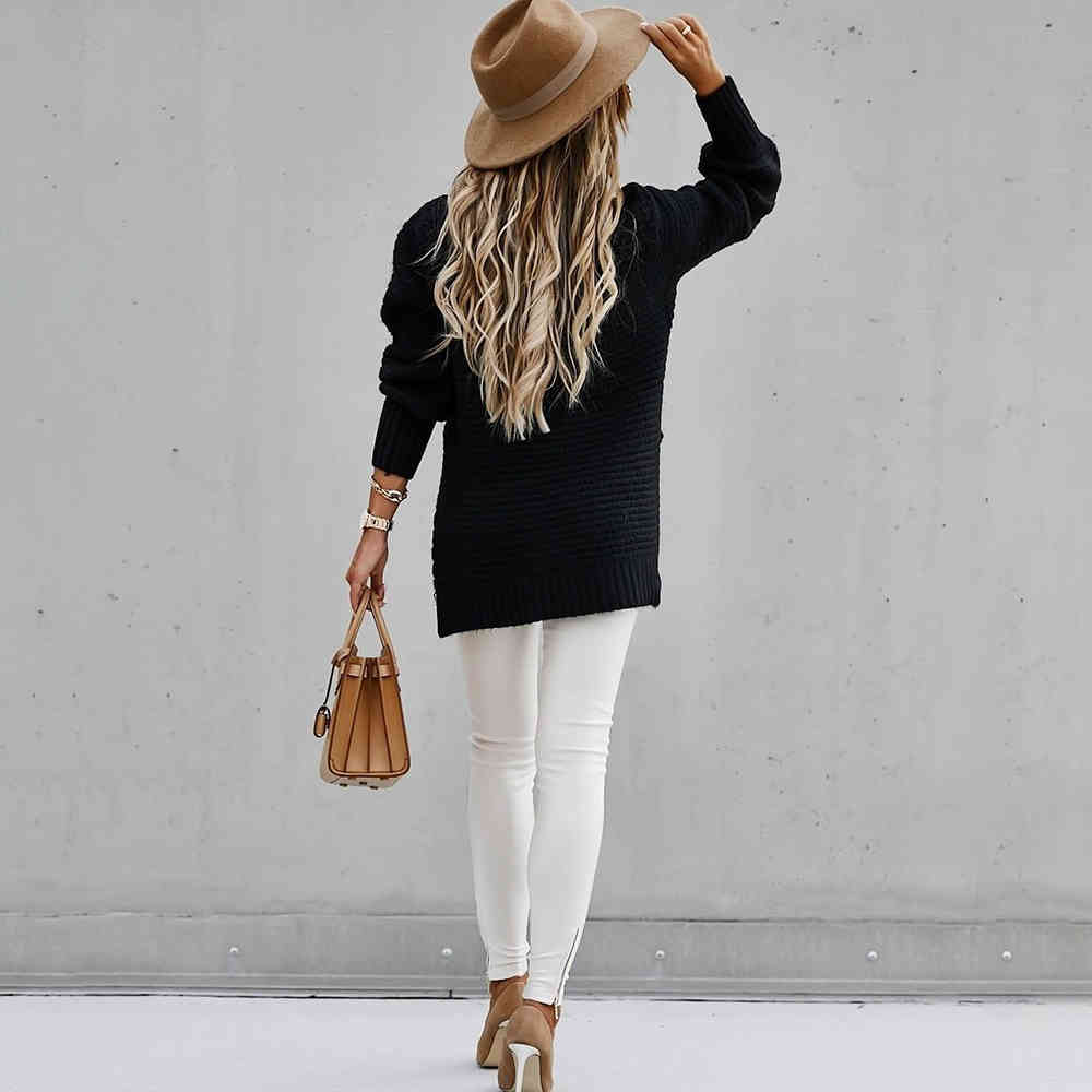 Woman Sweaters Side Slit Casual Ladies Solid Black Ribbed Knitted Jumper Pullover Tops Autumn Winter Clothes Fall Fashion 210415