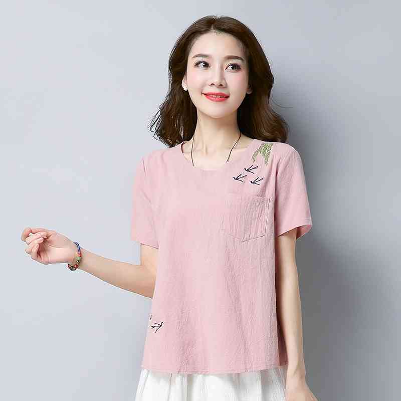 Summer Sweet Solid Cotton Linen Women Shirt Blouse Short Sleeve Tops Blusas Embroidery Female Clothing D834 30 210506