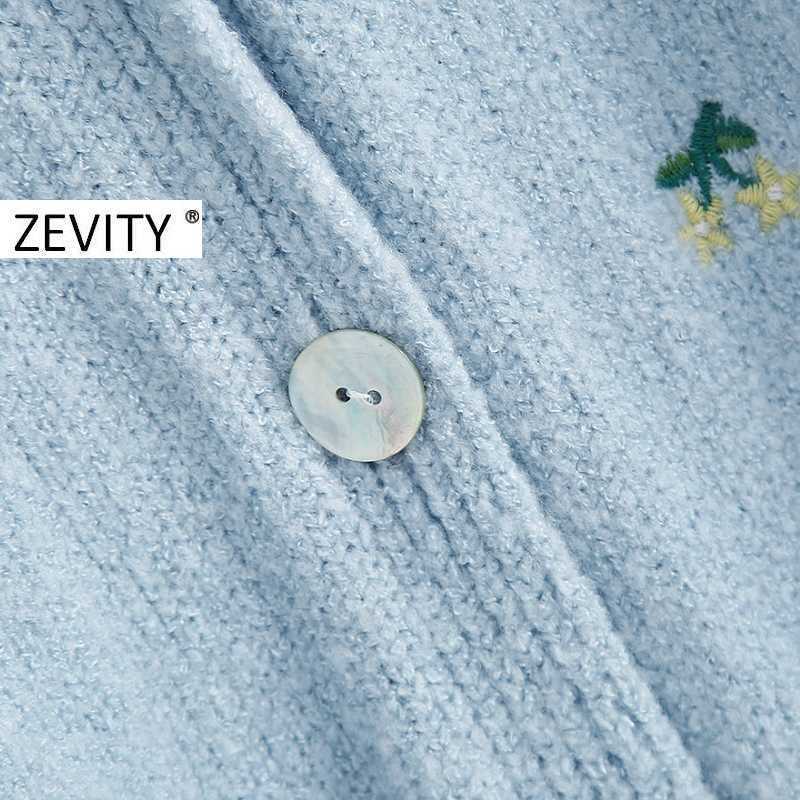 Zevity women fashion flower embroidery cardigan knitted sweater female v neck long sleeve breasted outwear chic tops S341 210603