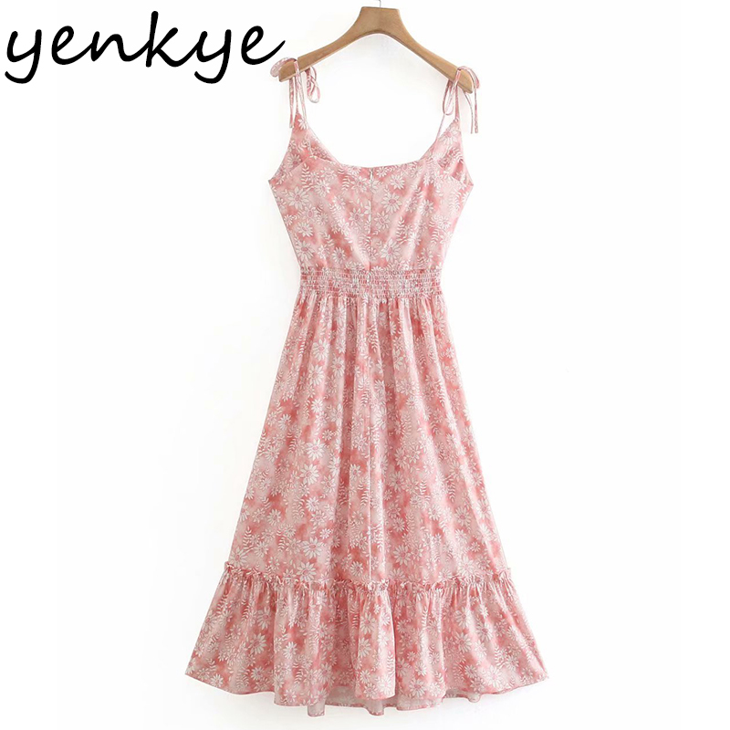 Sweet Pink Floral Print Dress Women Sexy V Neck Sleeveless Sling Holiday Long Female Summer Hollow Out Vestido 210430